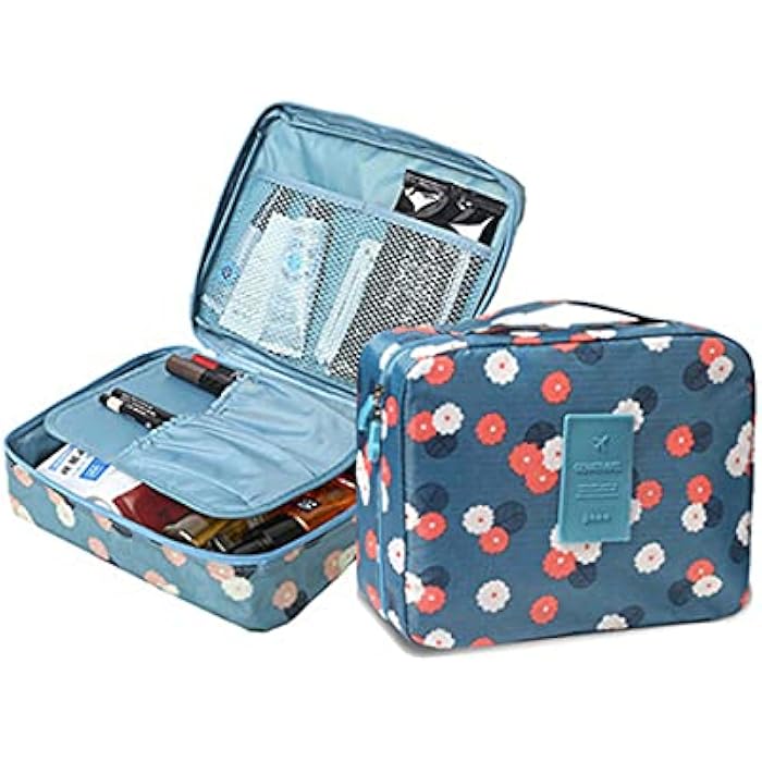 eWINNER Portable Waterproof Travel Multifunction Cosmetic Bag for Women, Blue Daisy - Image 1